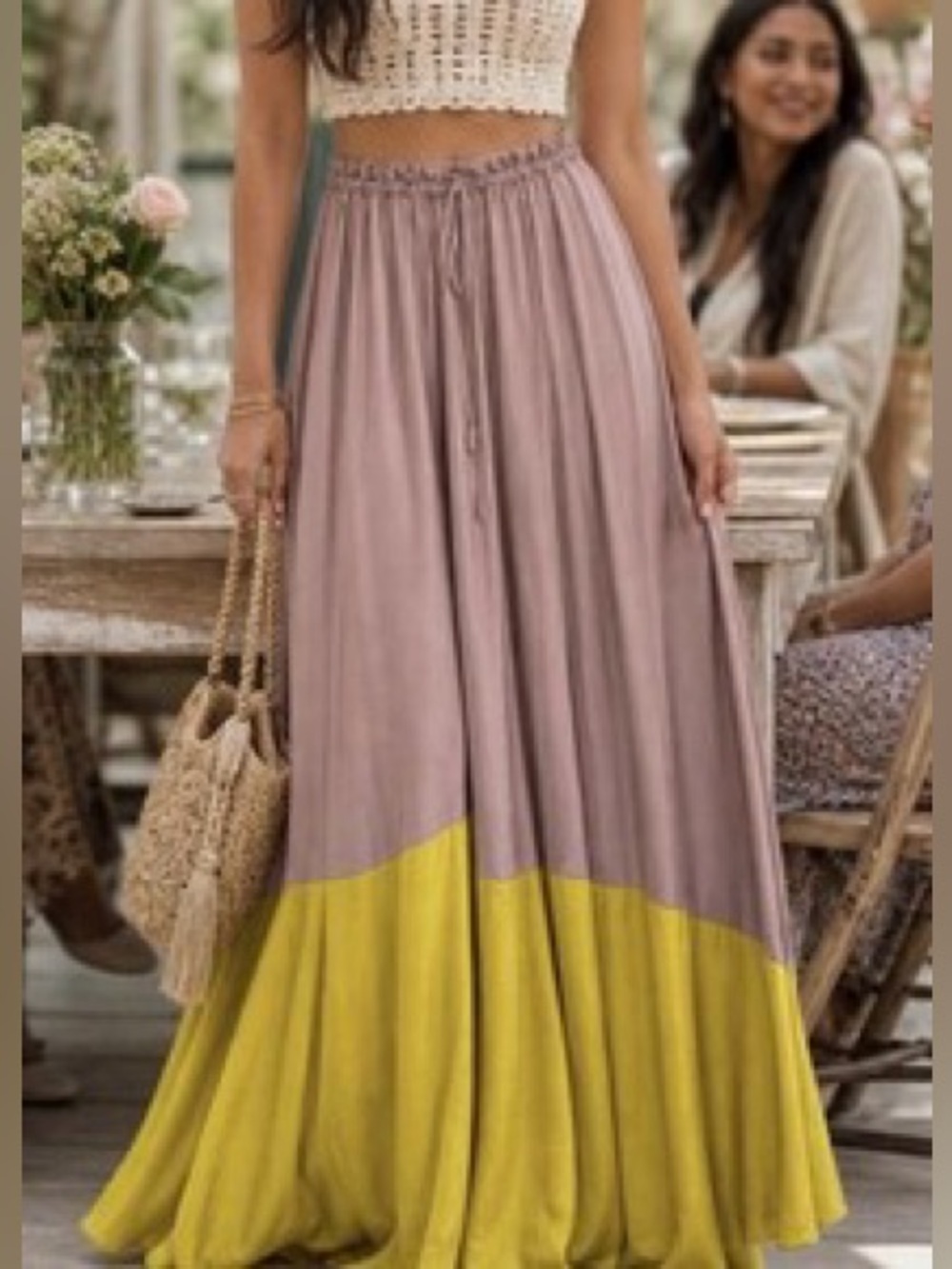 Free People Two-Tone Maxi Skirt in Mauve and Chartreuse